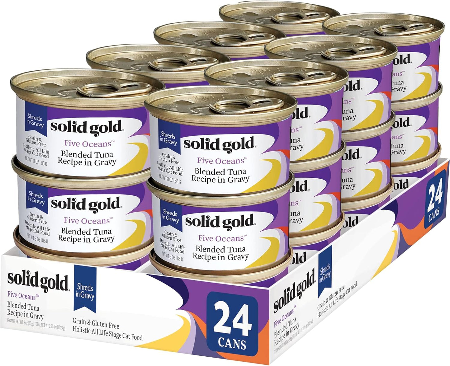 Solid Gold Wet Cat Food Shreds in Gravy - Healthy Canned Cat Food Made w/Real Tuna Shreds, Vitamins, Minerals & Taurine - Grain Free & Gluten Free Canned Meals for Cats & Kittens - 24ct/3oz Can