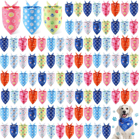 100 Pieces Paw Print Dog Bandanas Bulk Paw Bandanas for Dogs Soft Bibs Adjustable Triangle Doggie Scarves for Small Medium Large Pets Party Costume