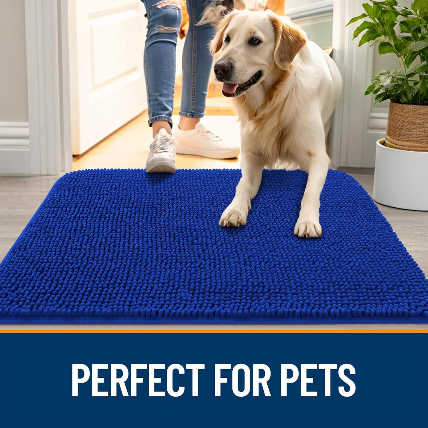 OLANLY Dog Door Mat for Muddy Paws 70x24, Absorbs Moisture and Dirt, Absorbent Non-Slip Washable Doormat, Quick Dry Chenille Mud Mat for Dogs, Entry Indoor Entryway Carpet for Inside Floor, Royal Blue