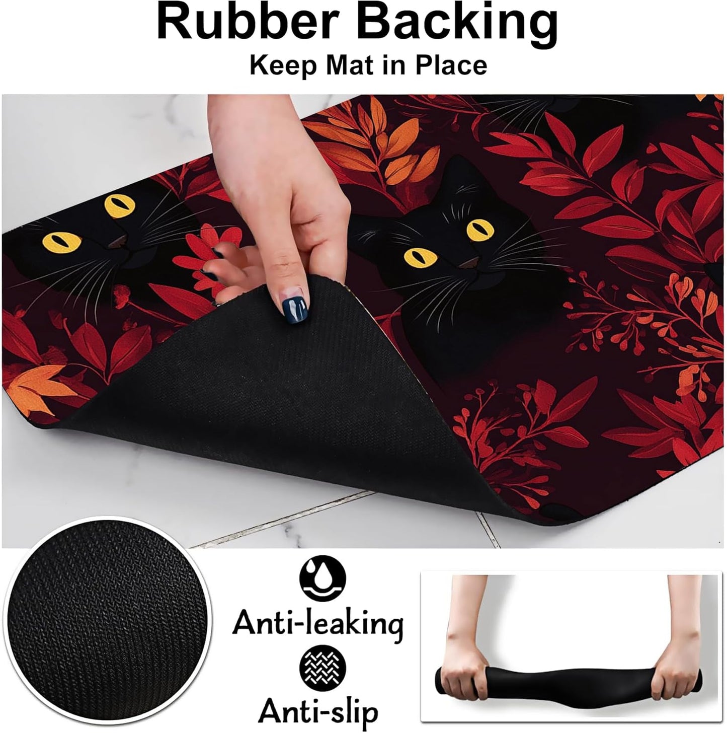 Black Cat Forest Pet Feeding Mat-Quick Dry Absorbent Dog Cat Food Mat, Anti-Slip Water Bowl Mats for Messy Eaters-No Stains Indoor Pet Accessories 16"x24"
