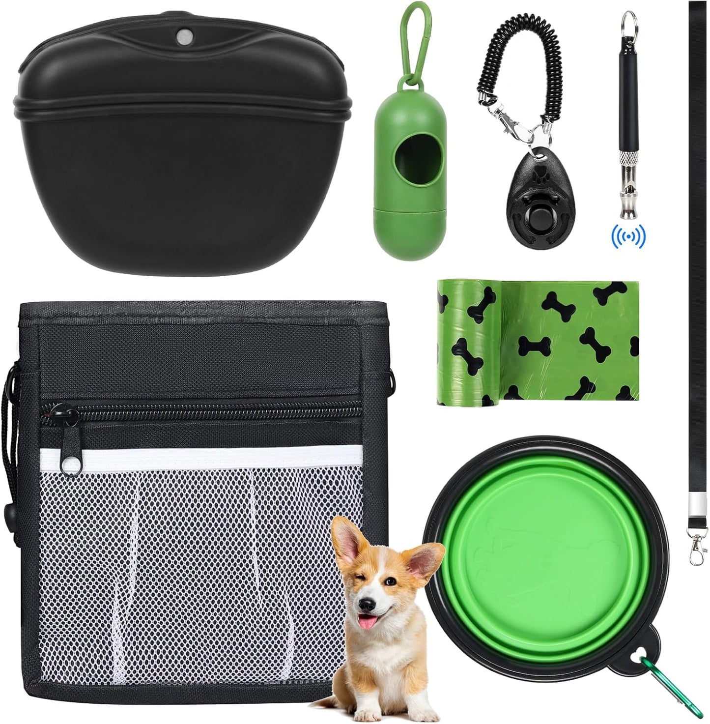 Dog Treat Pouch Pet Training Kit - Silicone Treat Bag Magnetic Closure, Puppy Training Clicker, Dog Whistle, Collapsible Dog Bowls, Poop Bags & Holder, 4 Ways to Wear Walking Fanny Pack-Black