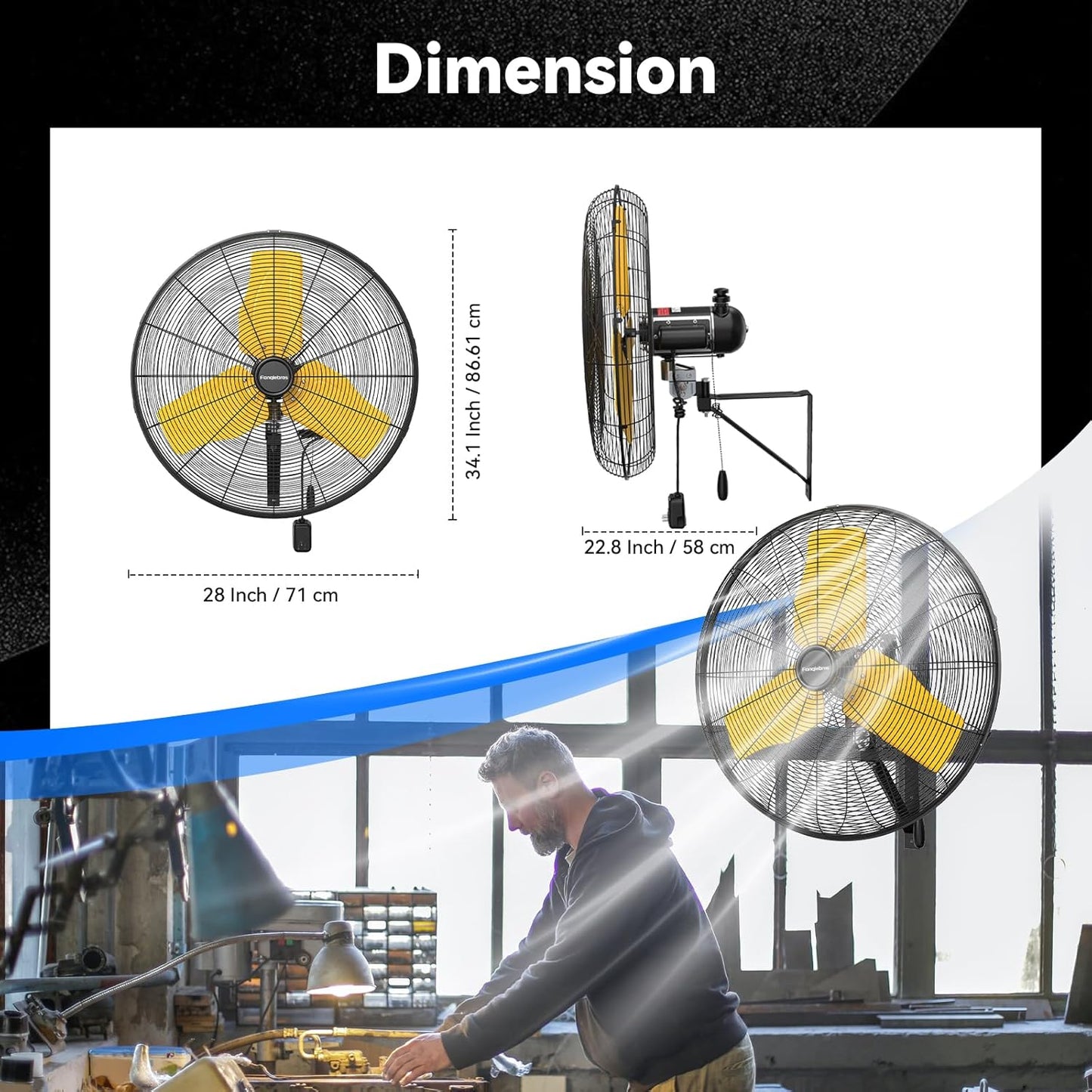 Pro 9500 CFM 24" Outdoor IP44 Waterproof Wall Mount Fan, 3-Speed Oscillating Metal Fans with Enclosure Motor, Heavy Duty Wall Fan for Patio, Warehouse, Garage, and Jobsite