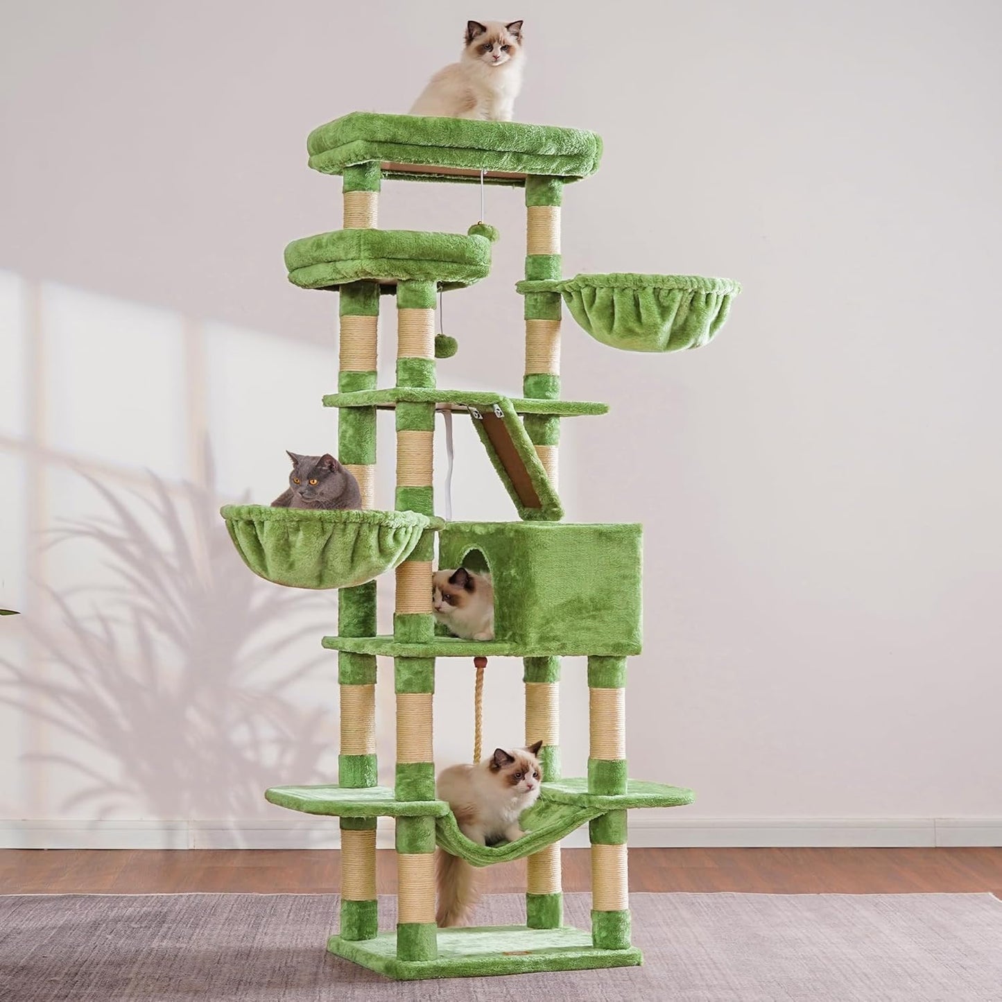 Heybly Cat Tree, 68 inch Multi-Level Cat Tower for Indoor Cats, 2 Widened Plush Perches Cat Condo with Scratching Board and Big Caves, Green HCT025GR