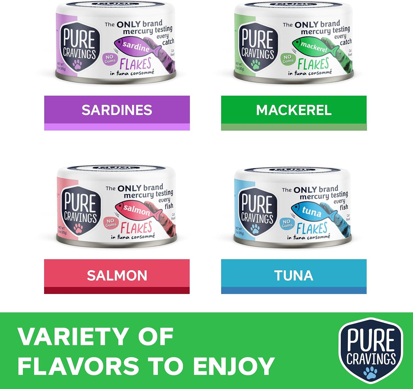 Flakes in Tuna Consommé, Canned Wet Cat Food Soup, 100% Mercury-Tested, Moist Can Fish, Grain-Free Protein, Non-GMO, 3oz, Variety Pack 3X Tuna, 3X Salmon, 3X Sardine, 3X Mackerel