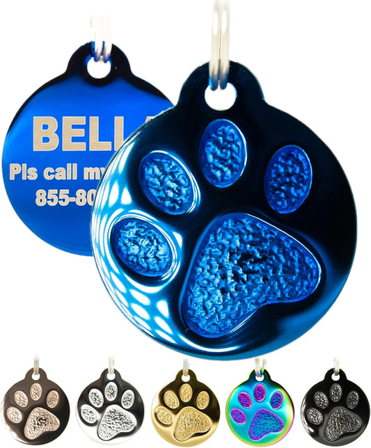 Engraved Pet Tag for Dogs and Cats - Personalized Front & Back up to 4 Lines of Text Custom Engraved ID, Round Paw Print Solid Plating Stainless Steel Blue Small