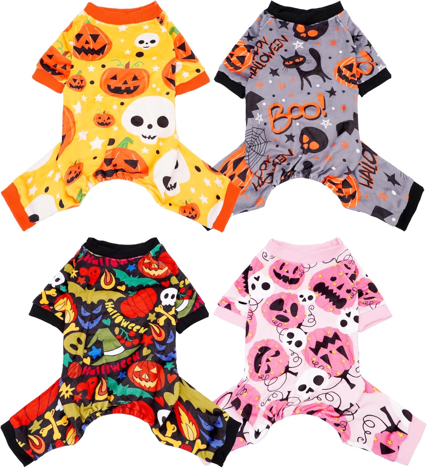 PET SHOW 4 Pack Halloween Small Dog Pajamas for Medium Dogs Onesie Pumpkin Ghost Soft Fleece Stretchy Jumpsuit Costume Boy Girl Pets PJs with Sleeve Clothes(M)