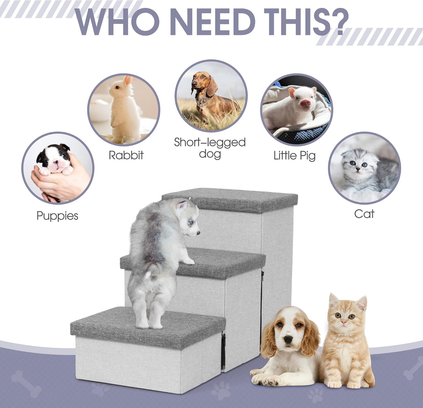 Heeyoo Dog Stairs with Storage, Foldable Dog Steps for Small Dogs, 3 Tiers Non-Slip Pet Stairs for High Beds Or Couch and Sofa, Hold up to 200 lbs Pet Cat