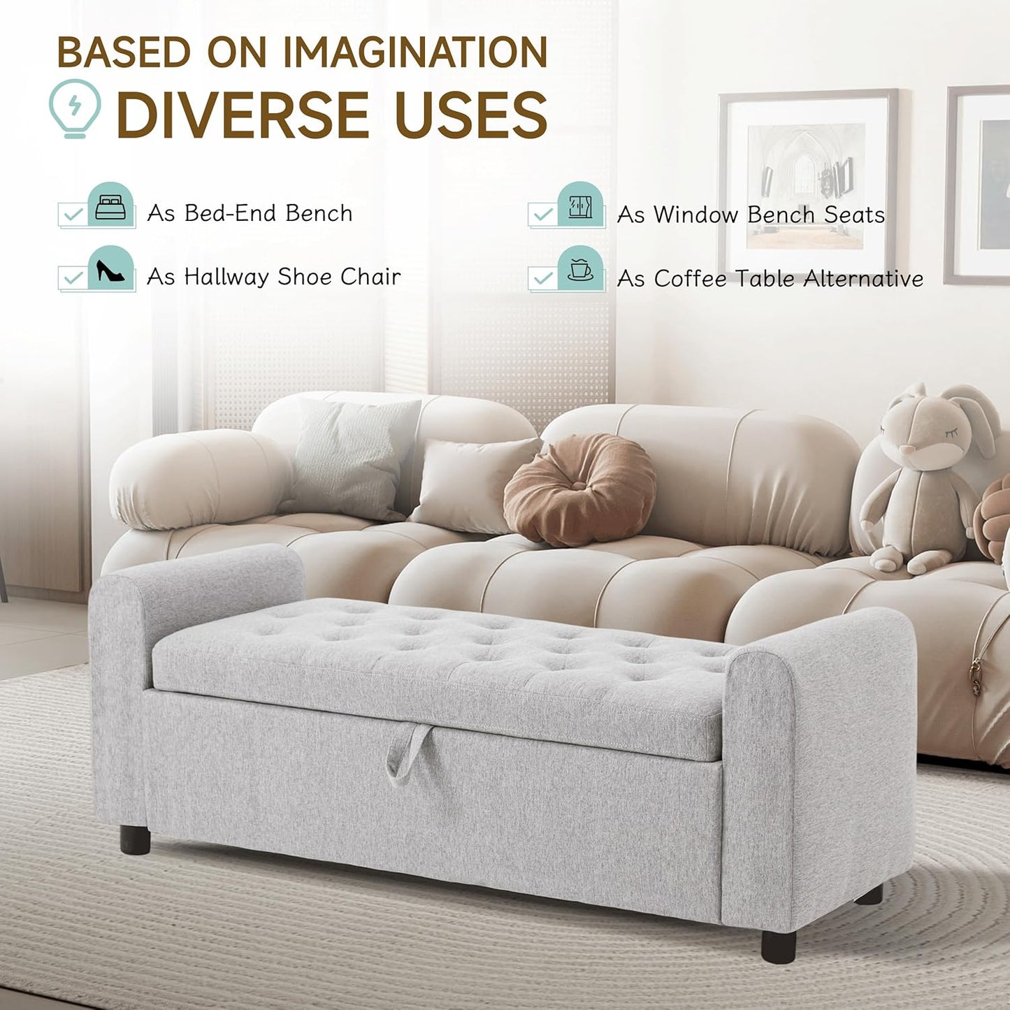 Ottoman with Storage, Tufted Storage Bench for Bedroom, 48" Fabrics End of Bed Bench, Upholstered Entryway Shoe Benches with Rolled Arm & Inner Zipper, Window Ottomans Chest without Rivets, Light Grey