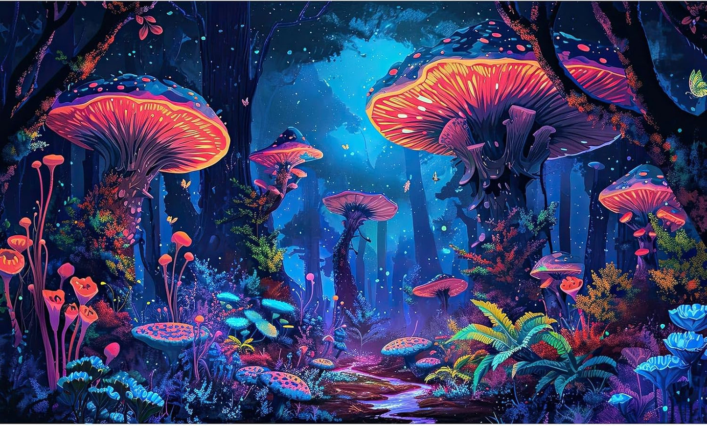 Mushrooms Aquarium Background Fantasy Bright Flowers Butterflies Fish Tank Backdrop Decoration Poster Trippy Wonderland Landscape with Giant Mystical Mushrooms Terrarium Background Decor 72x16in