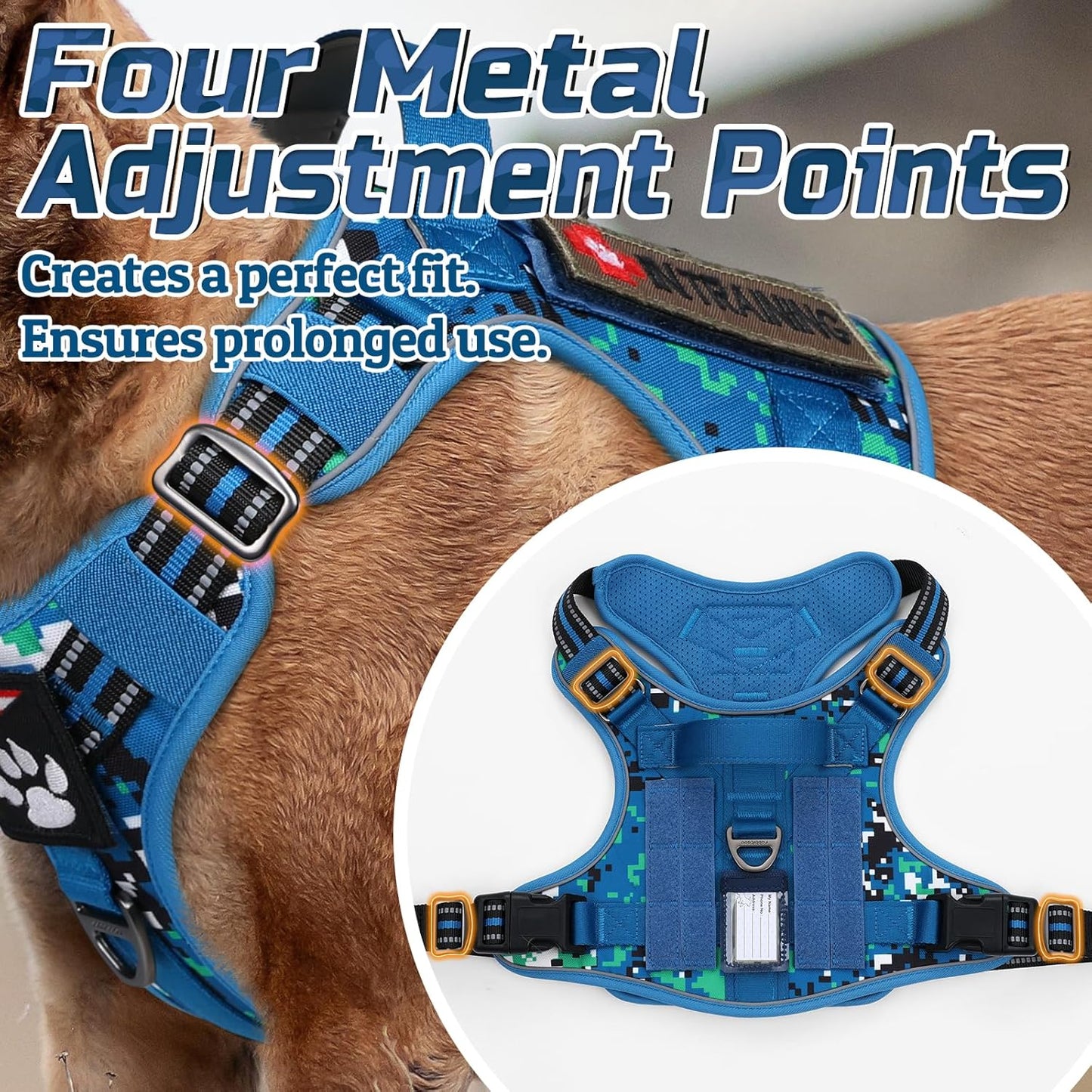 rabbitgoo Tactical Dog Harness for Large Dogs, No Pull Military Service Vest with Handle & Molle, Easy Control for Training Walking, Adjustable Reflective Straps, Blue Camo, L
