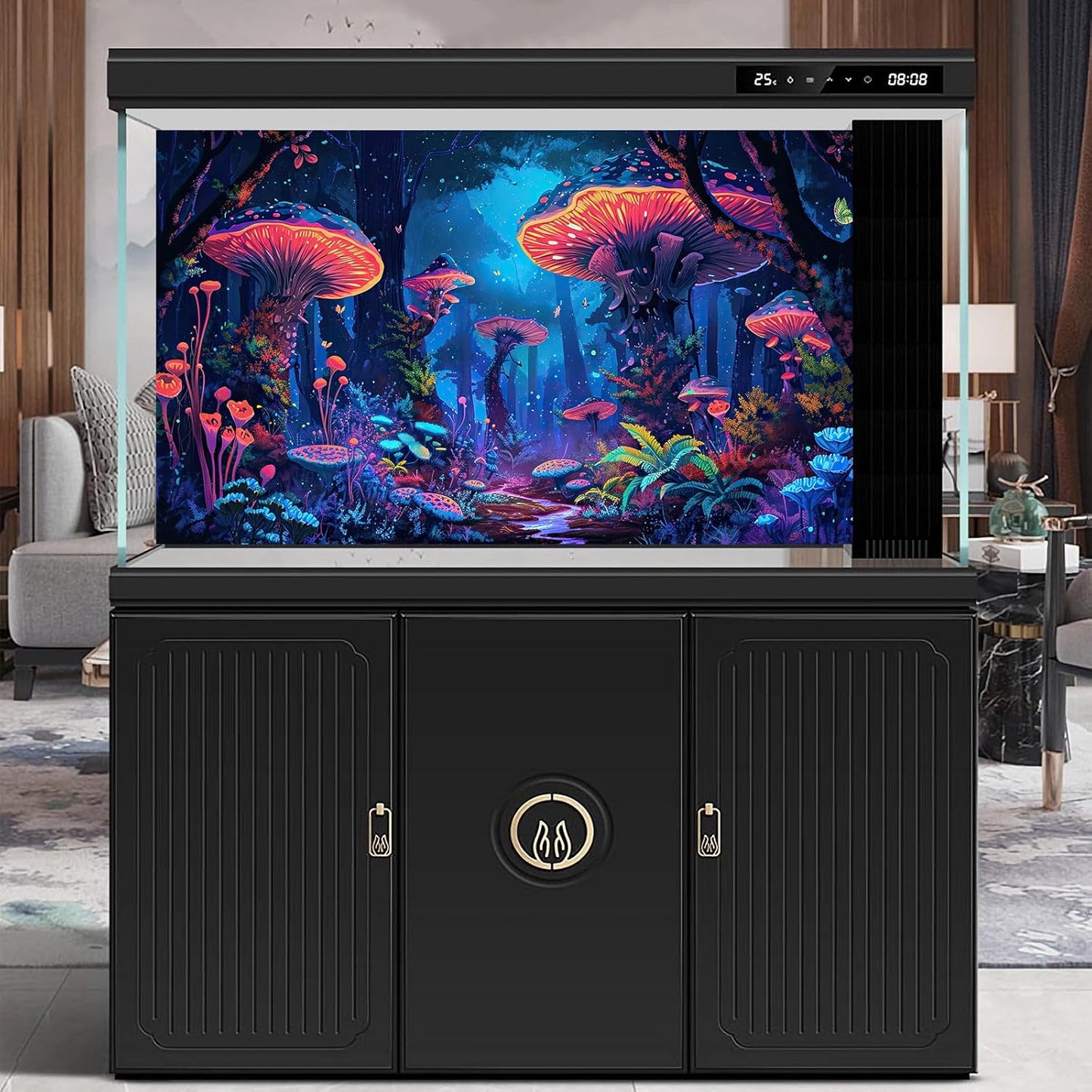 Mushrooms Aquarium Background Fantasy Bright Flowers Butterflies Fish Tank Backdrop Decoration Poster Trippy Wonderland Landscape with Giant Mystical Mushrooms Terrarium Background Decor 72x24in