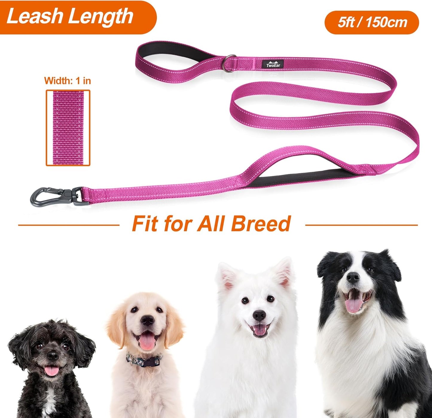TwoEar 5FT 1IN Strong Rose Dog Leash with 2 Padded Handles, Traffic Handle Extra Control, Comfortable Soft Dual Handle, Auto Lock Hook, Reflective Walking Lead for Small Medium and Large Dogs