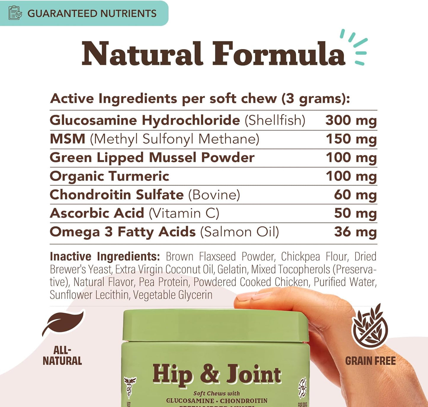 Natural Dog Company Hip & Joint Chews for Dogs with Glucosamine for Dogs + Chondroitin, MSM & Turmeric, Supports Mobility & Reduces Discomfort, Stiffness, Natural Pain Relief Joint Supplement. 180 Ct