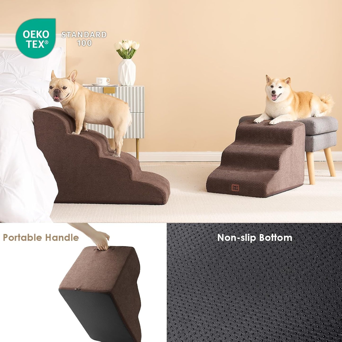 EHEYCIGA Curved Dog Stairs Ramp for Small Dogs 15.7" H, 3-Step Dog Steps for Couch Sofa and Chair, Pet Stairs for Cats, Non-Slip Balanced Pet Steps Indoor, Brown