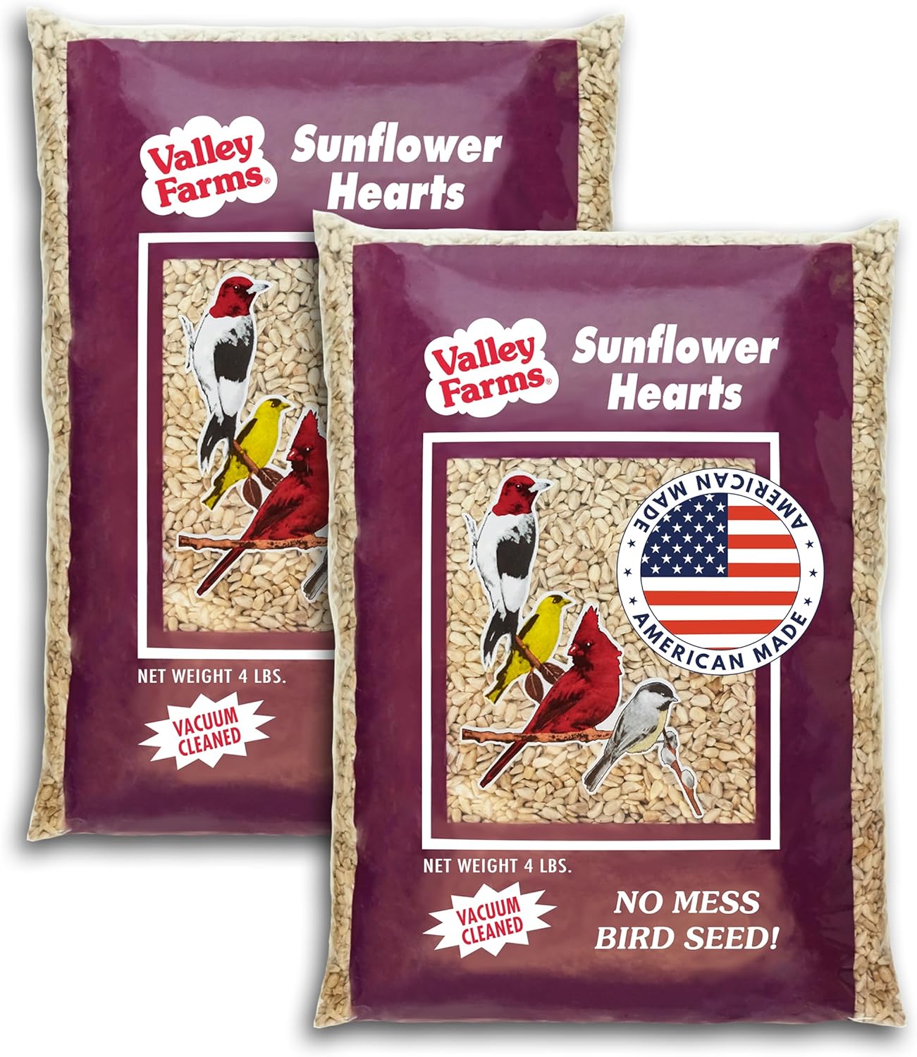 Valley Farms Whole Sunflower Hearts for Birds 4 LB 2-Pack (8 LB Total), Sunflower Kernels Wild Bird Food, No Mess Wild Bird Seed for Outside Feeders, Sunflower Hearts Birdseed
