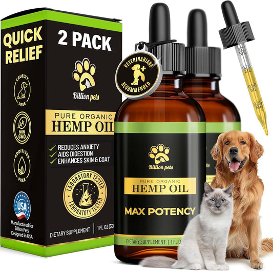 Billion Pets - Hemp Oil for Dogs and Cats - Helps with Anxiety, Pain, Stress, Sleep, Arthritis, Seizures Relief - Hip and Joint Support - Calming Drops