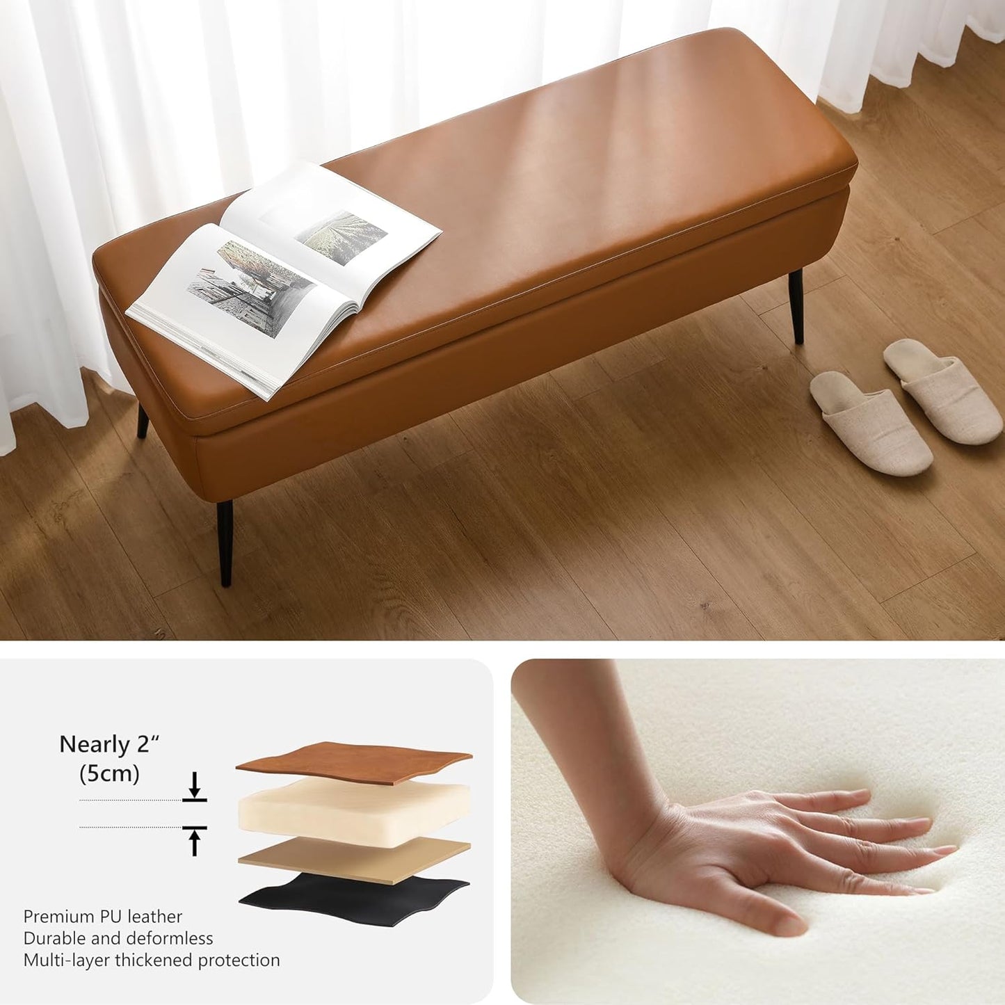 Leather Storage Ottoman Bench,End of Bed Bench for Living Room Bedroom Dinning Room Entryway,Mid-Century Modern,Faux Leather,with Steel Legs,Safety Hinges,Loads 660 lb (Without Button, Brown)