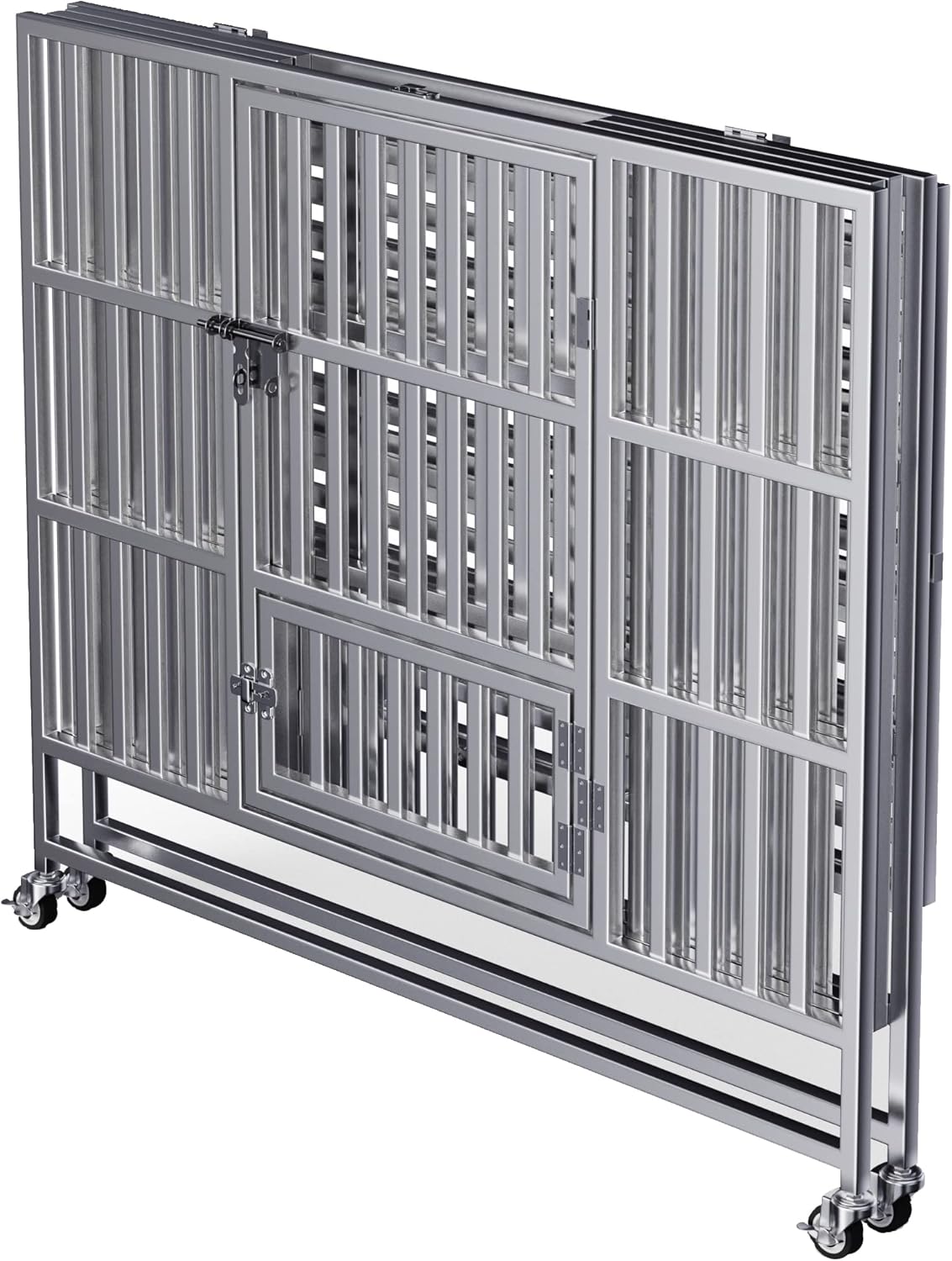 Collapsible Stainless Steel Dog Crate, 30" 37" 42" 48" Sizes, Lockable Wheel, with Tray, Stackable, Heavy Duty, Divider, Indoor and Outdoor (h-42in)