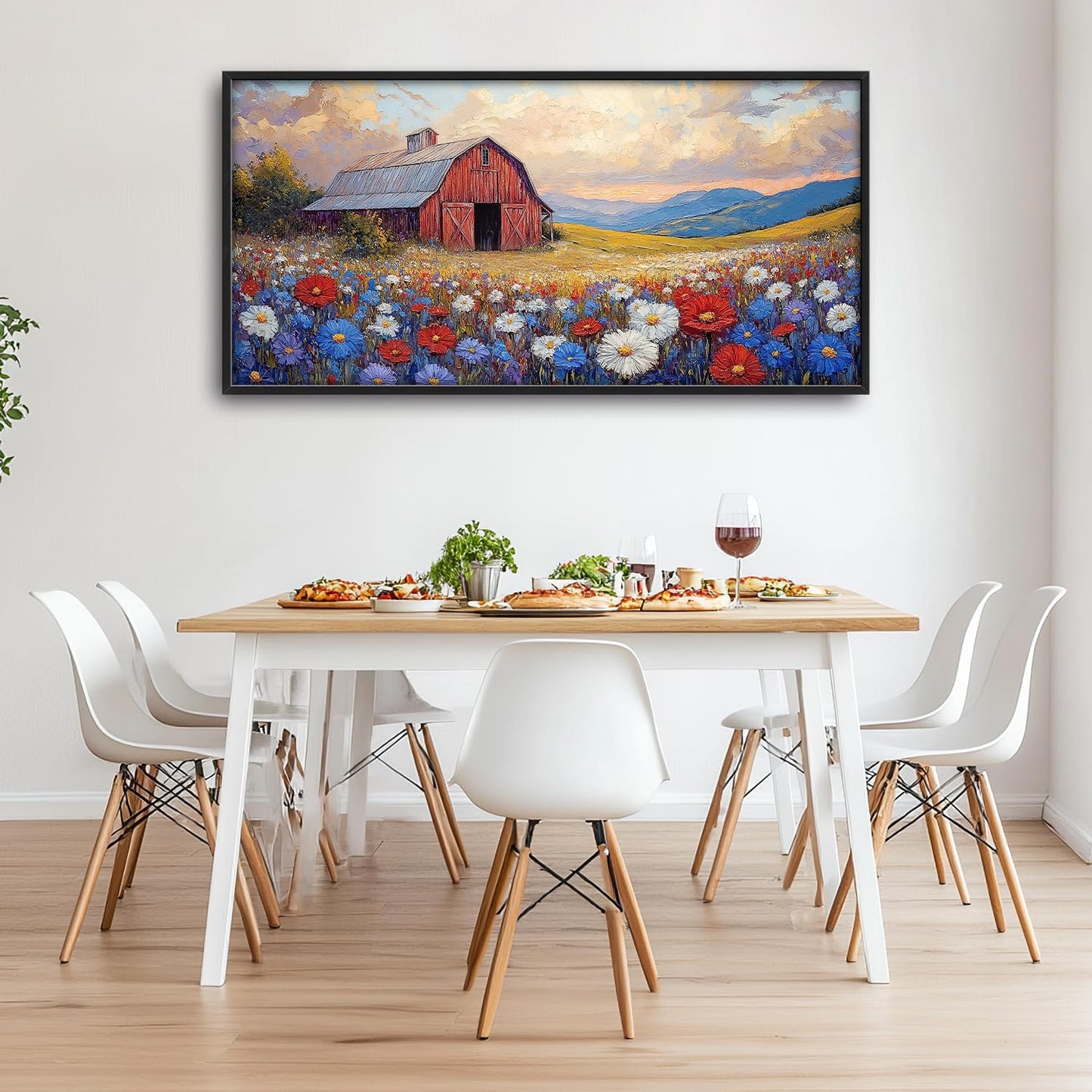 Large Farmhouse Barn Daisy Wall Art for Living Room, Floral Landscape Canvas Oversized Wall Decor, Flower Scenery Framed Pictures Painting Print Artwork for Bedroom Office 60"L x 30"W