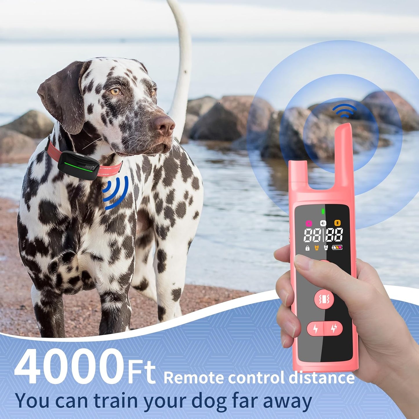 Dog Training Shock Collar 4000FT Dog Bark Collar with Remote IP67 Waterproof 4 Training Modes Beep Vibration Shock Light Mode Magnetic Charger Electric Dogs Collar 8-25 inches Double Shock Rose Bloom