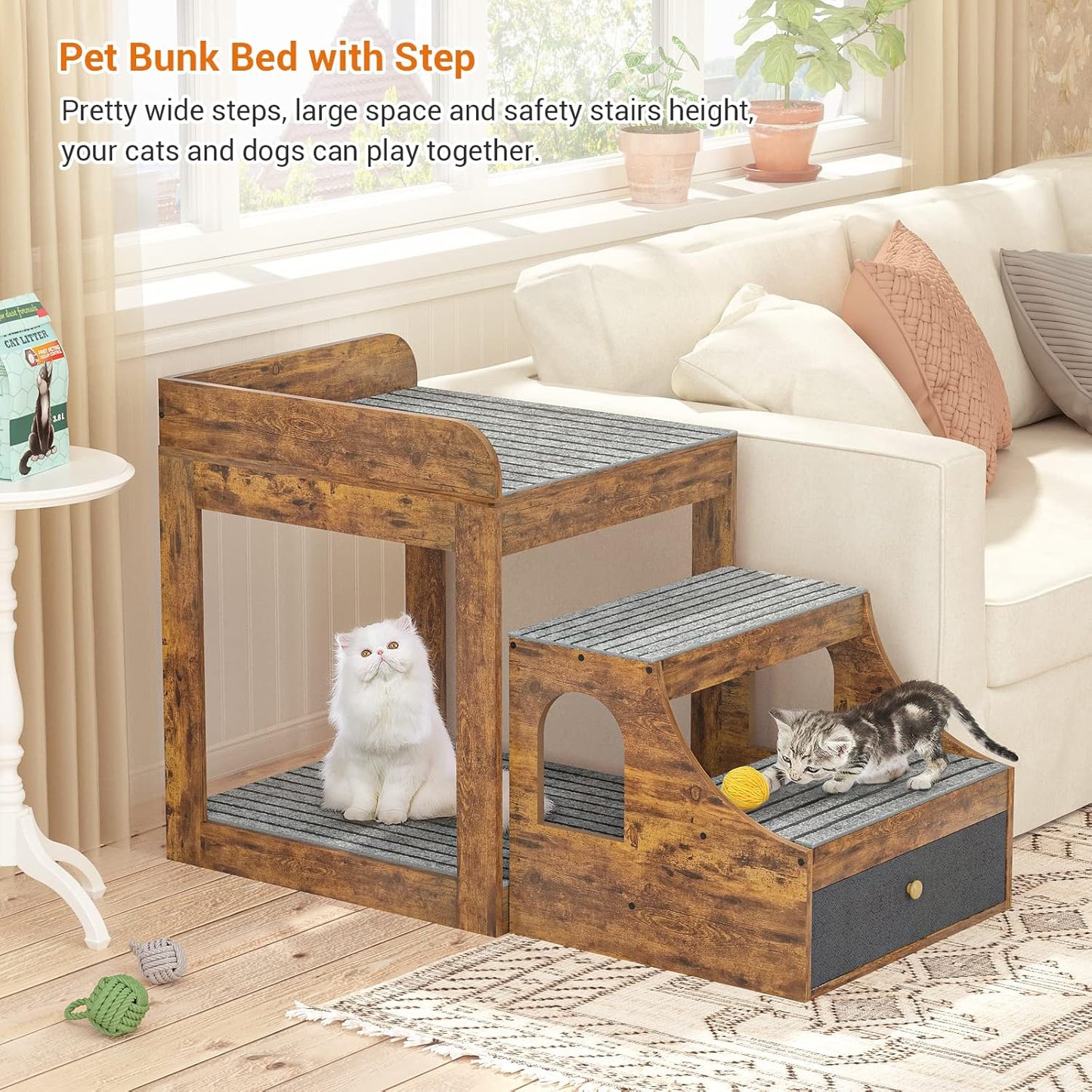 Pet Window Perch with Stairs, Super Large Pet Bunk Bed for Cats, Multi-Level Pet Seat Platform with Mats, Pet Bed Couch with Drawers for Bedside, Home, Indoor Use, Large Size, R