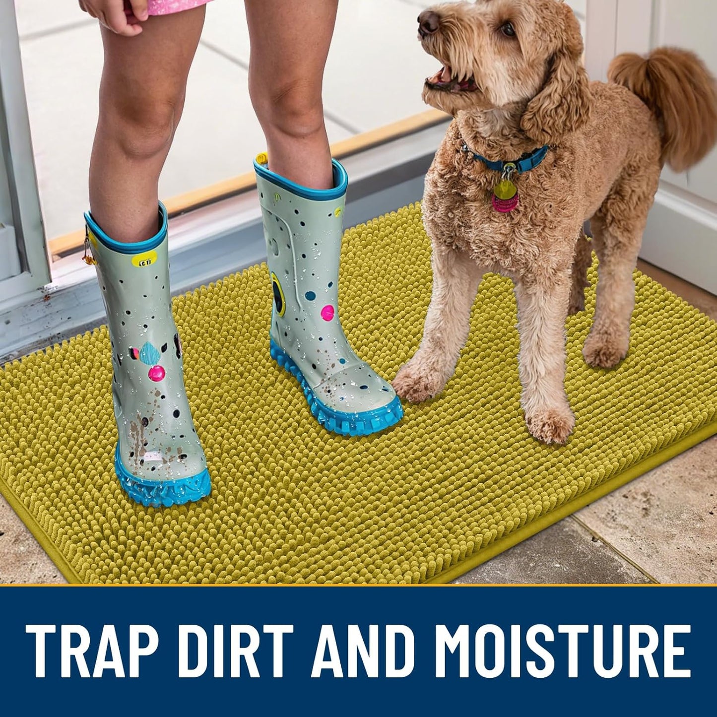 Smiry Dog Door Mat for Muddy Paws 30x20, Absorbs Moisture and Dirt Doormat, Non-Slip Washable Quick Dry Chenille Front Door Mat Indoor Entrance, Entryway Carpet for Inside Floor, Mustard Yellow