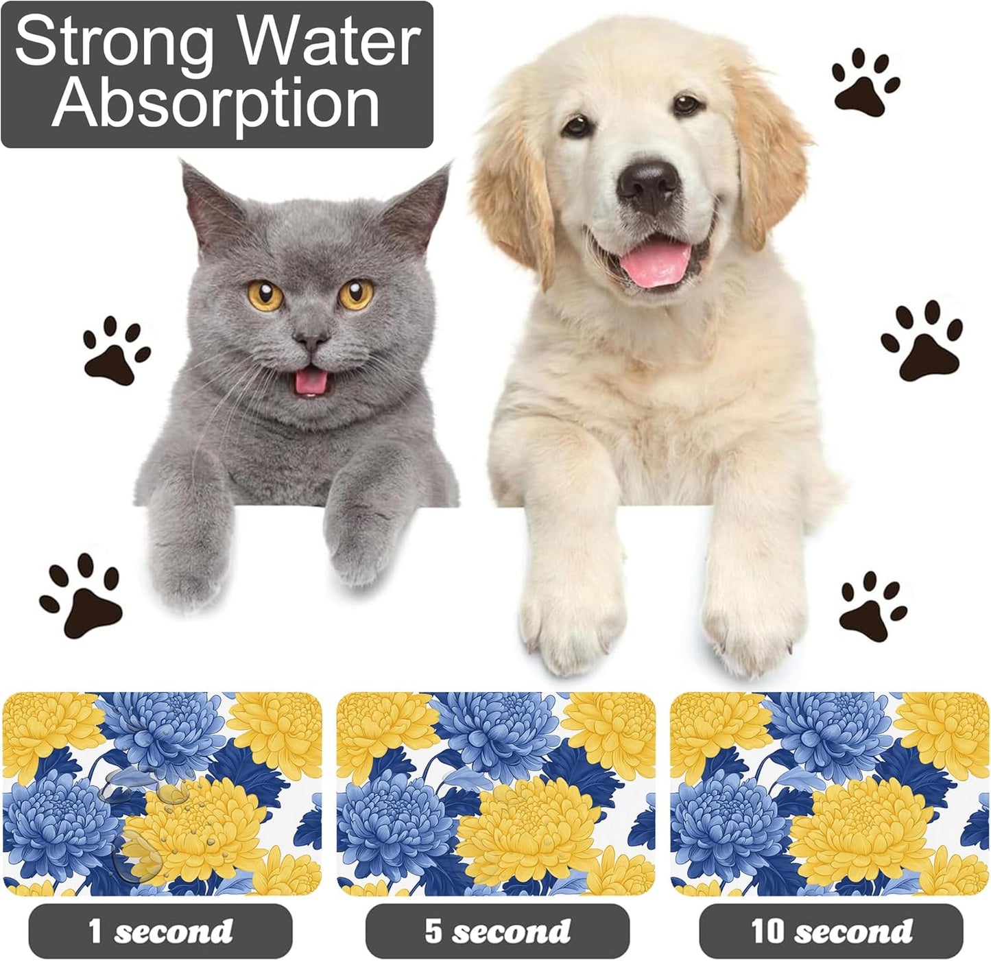 Blue Yellow Flowers Pet Cat Dog Food Mat-Absorbent Quick Dry Feeding Placemat for Water and Food, No Stains Rubber Base Mat for Indoor Use, Pet Accessories 16"x24"