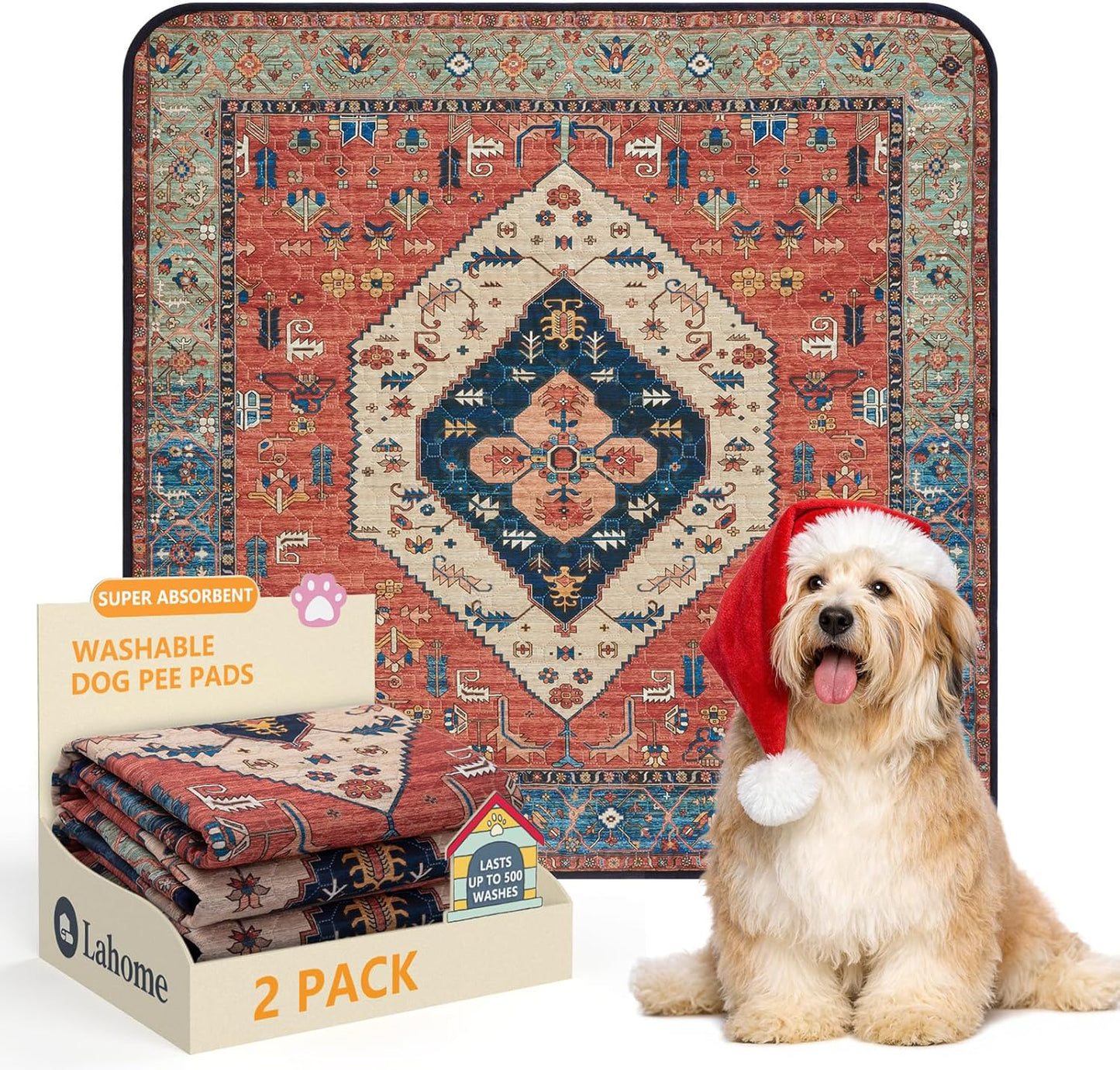 Lahome Super Absorbent & Leakproof Washable Dog Pee Pads - 2 Pack Value Set - Waterproof, Non-Slip Reusable Pads for Puppy Training, Crates & Whelping (24"x24", Red)