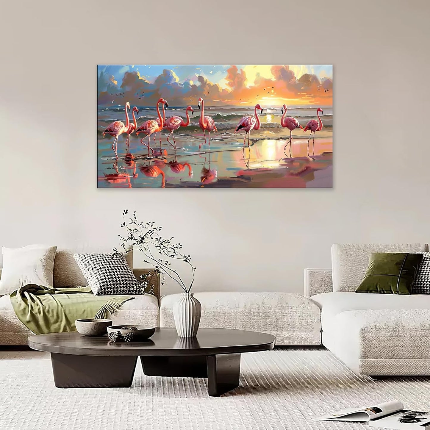 Large Flamingo Wall Art for Living Room Beach Colorful Flamingo Art Big Space Size Framed Ocean Canvas Prints Pictures Painting Artwork Office Bedroom Home Decor 60"x30"