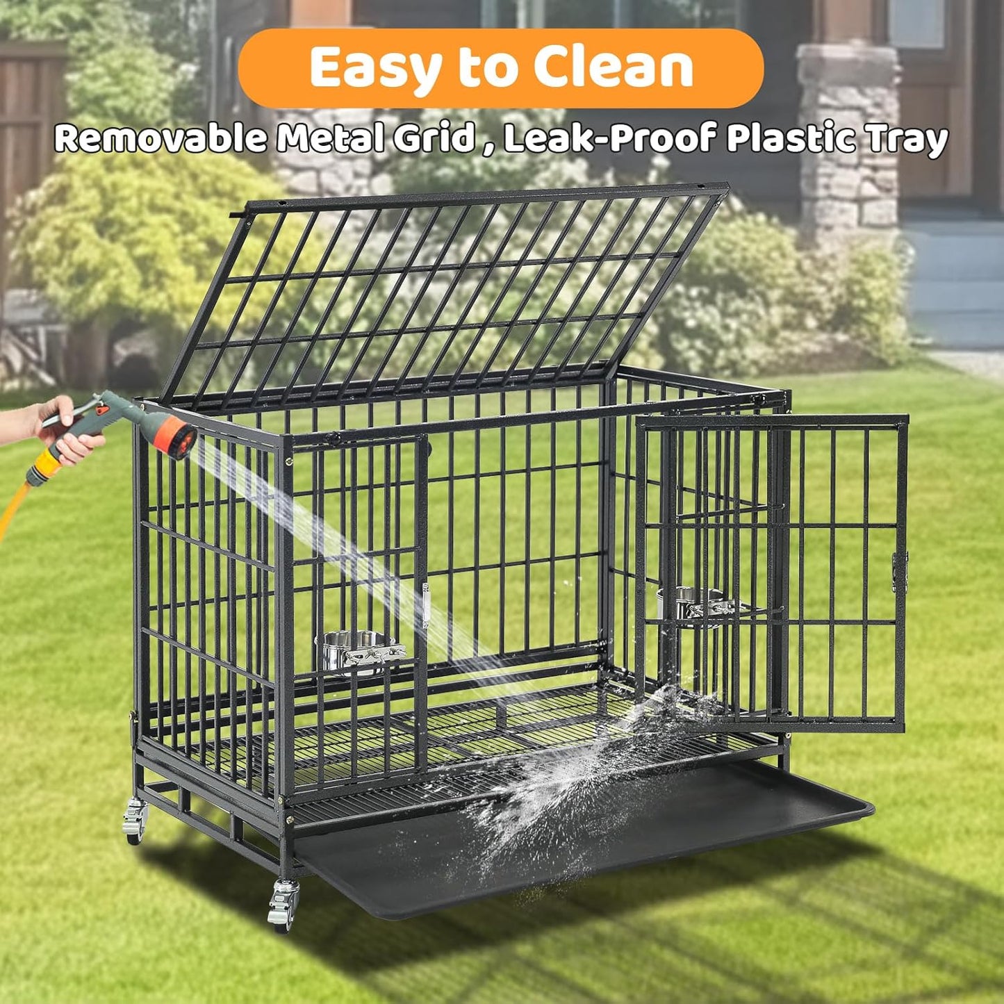 Homey Pet 37 Inch Heavy Duty Dog Crate for Medium Dogs, Stackable Dog Cage with Four Lockable Wheels, Removable Tray & Grid, Open Top, Escape Proof Dog Kennel Indoor