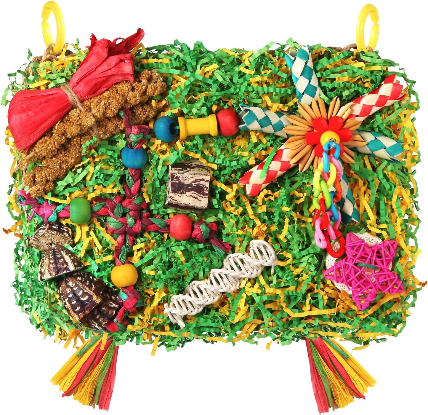 Bird Toys Parakeet Toys,Large-Sized Parrot Foraging & Shredding Cage Hanging Toys with Seagrass Mat for Budgies,Cockatiels,Lovebirds,Conures Small & Medium Parrots (Colorful with Starfruit (1PCS))