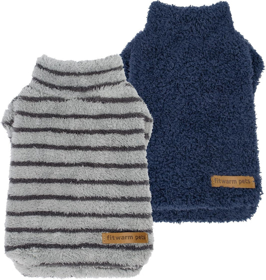 Fitwarm 2 Pack Striped Fleece Dog Sweater, Warm Winter Dog Clothes for Small Dogs Boy Girl, Fuzzy Pet Outfit, Doggy Pullover Jumper, Grey, Navy, XXL