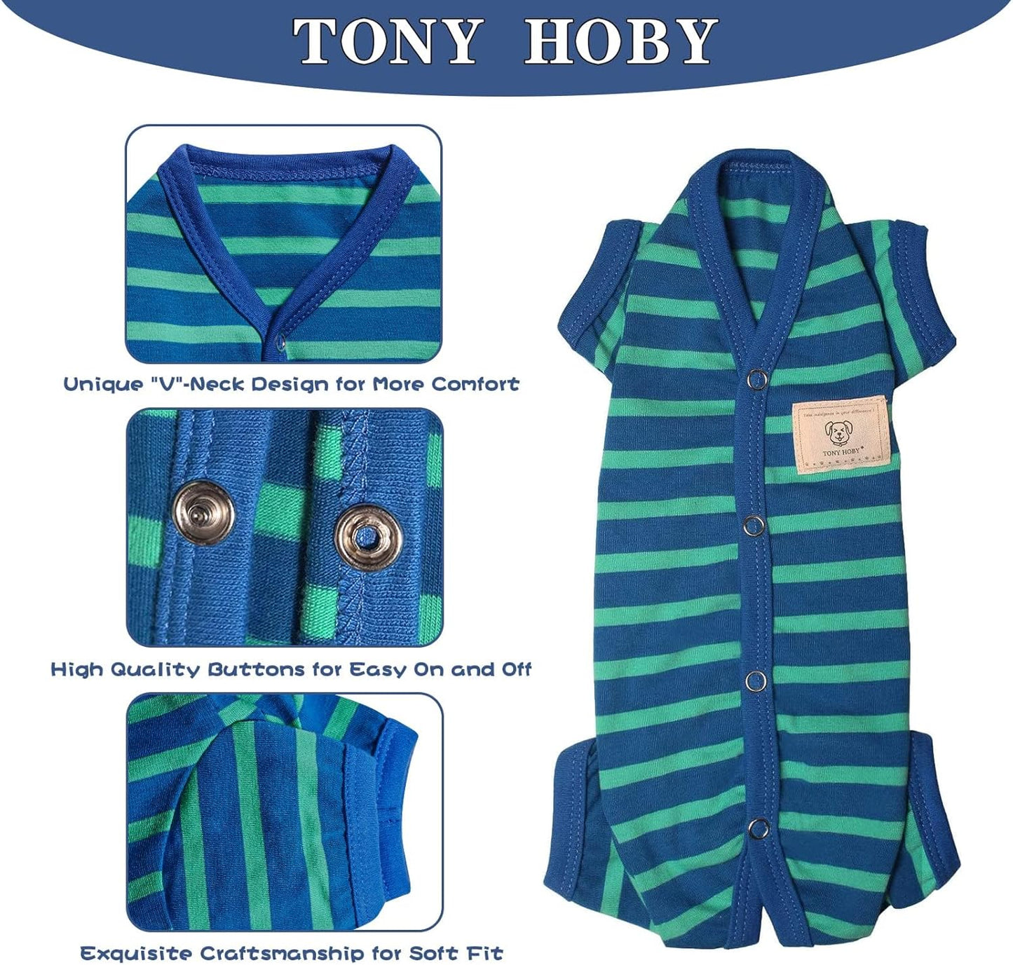 TONY HOBY Dog Pajamas for Medium Small Dogs, Dog Jumpsuit with Stripes 4 Legged Pajamas, Soft Dogs Pet Clothes (Blue&Green, Girl, S)