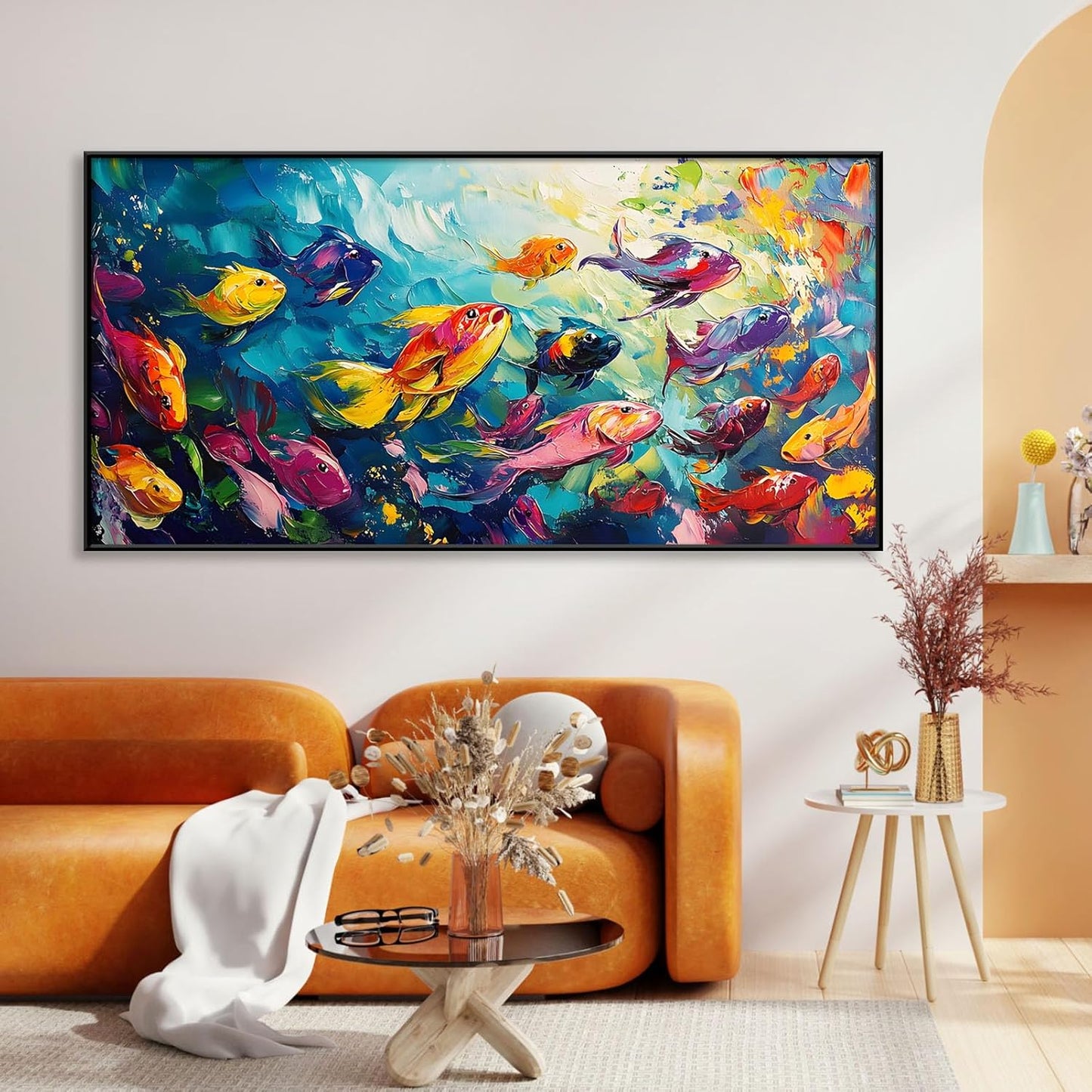 School of Fish Printed Canvas Wall Art – Framed Abstract Ocean Print – Vibrant Fish Wall Decor for Living Room, Bedroom, Office (Black Framed, 24"x12"|60x30cm)