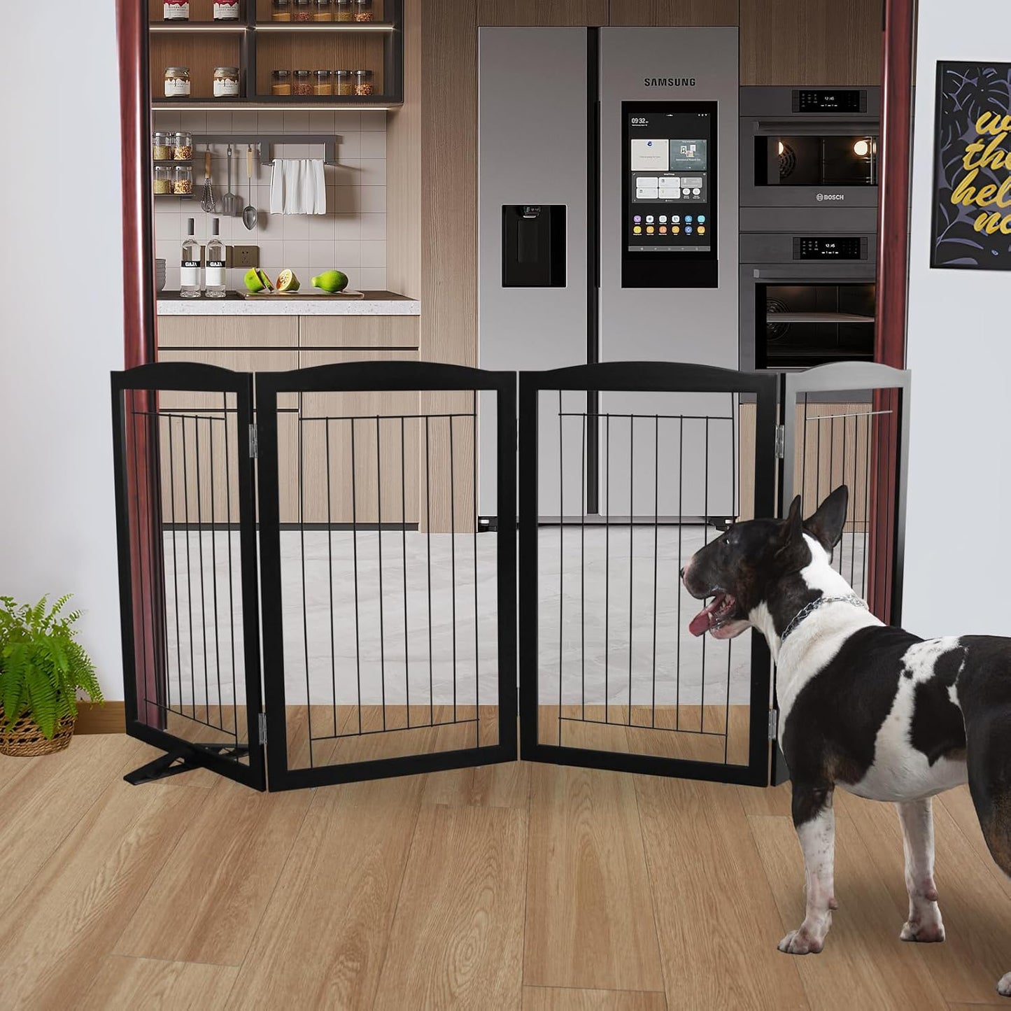 ZJSF Freestanding Dog Fence Indoor, Foldable Dog Gate for Doorways, Stairs or Hallways, Sturdy Wood Extra Wide Pet Gate with Support Feet for The House, Black, 32 "Height-4 Panels