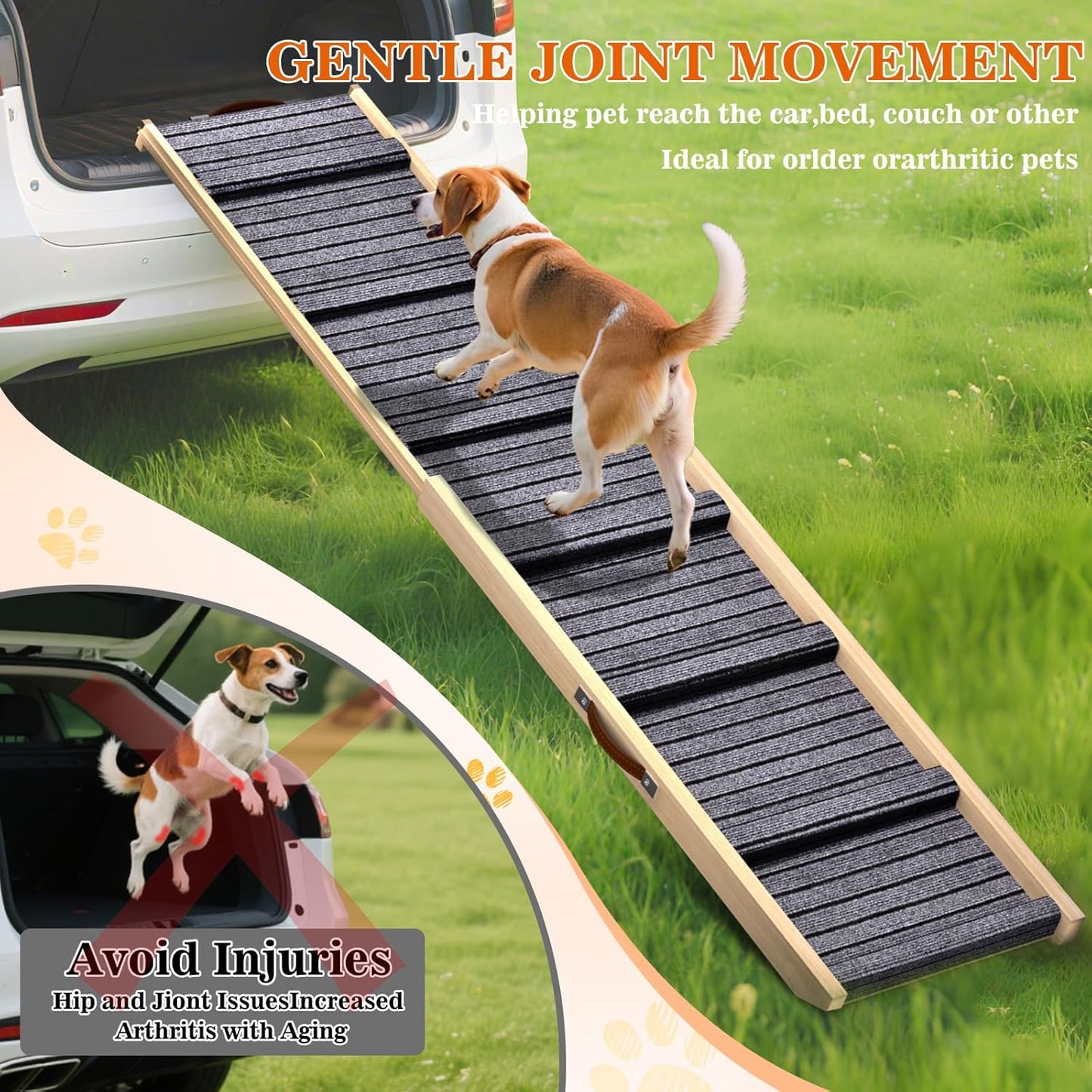 Dog Ramp for Car, 71''x 17'' Extra Long Deluxe Telescoping Design Wooden Pet Ramp, Pet Stair Ramps for Truck SUV with Non-Slip Surface, Portable Outdoor Dog Steps for Medium Large Dogs, Up to 250LBS