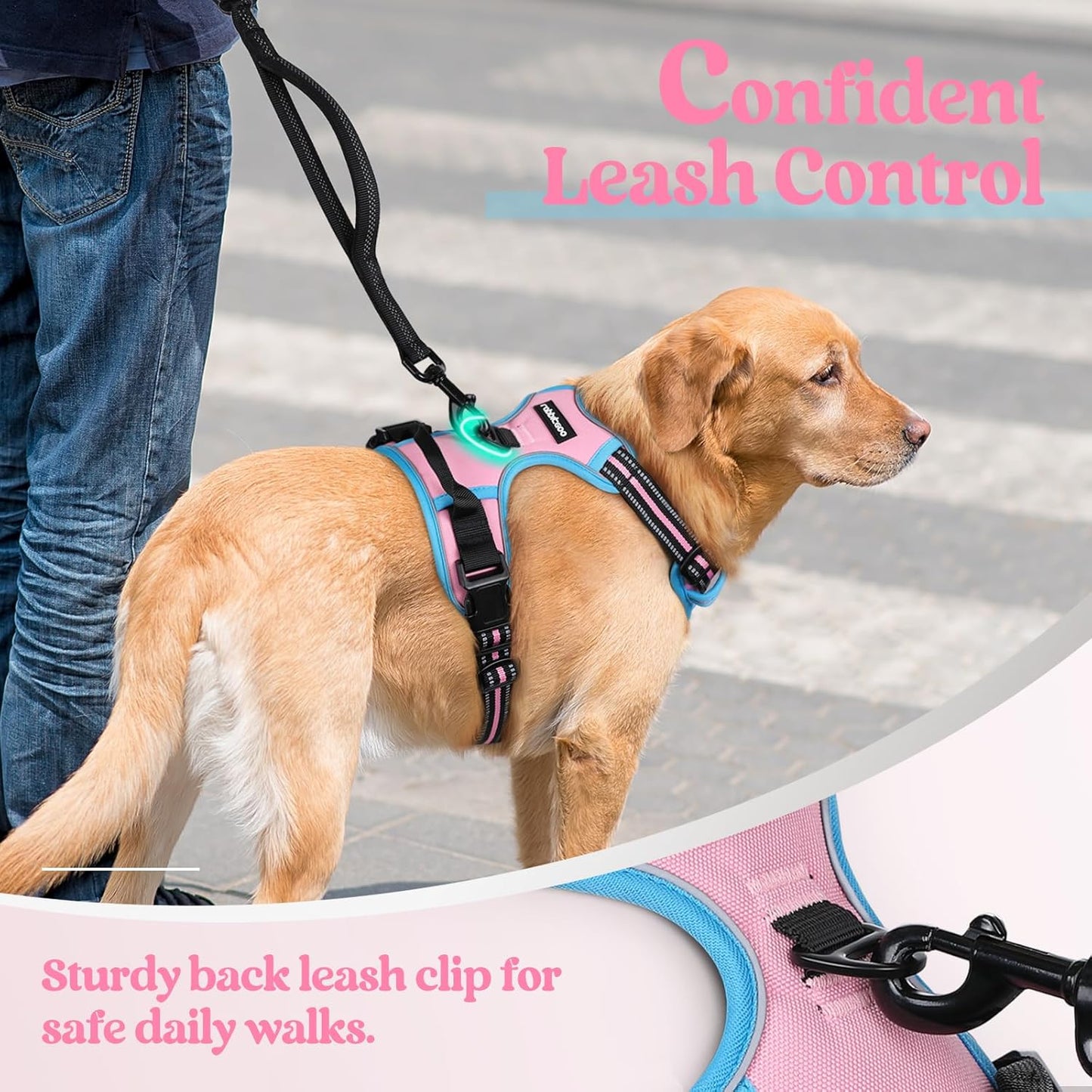 rabbitgoo Dog Harness No Pull with 2 Leash Clips, Adjustable Soft Padded, Reflective Oxford No Choke Pet Vest with Easy Control Handle for Large Dogs, Pink & Blue, L