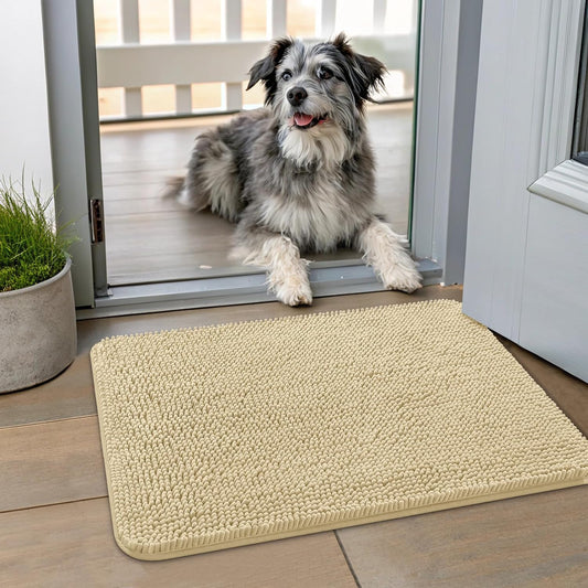 Smiry Dog Door Mat for Muddy Paws 24x16, Absorbs Moisture and Dirt Doormat, Non-Slip Washable Quick Dry Chenille Front Door Mat Indoor Entrance, Entryway Carpet for Inside Floor, Cream White
