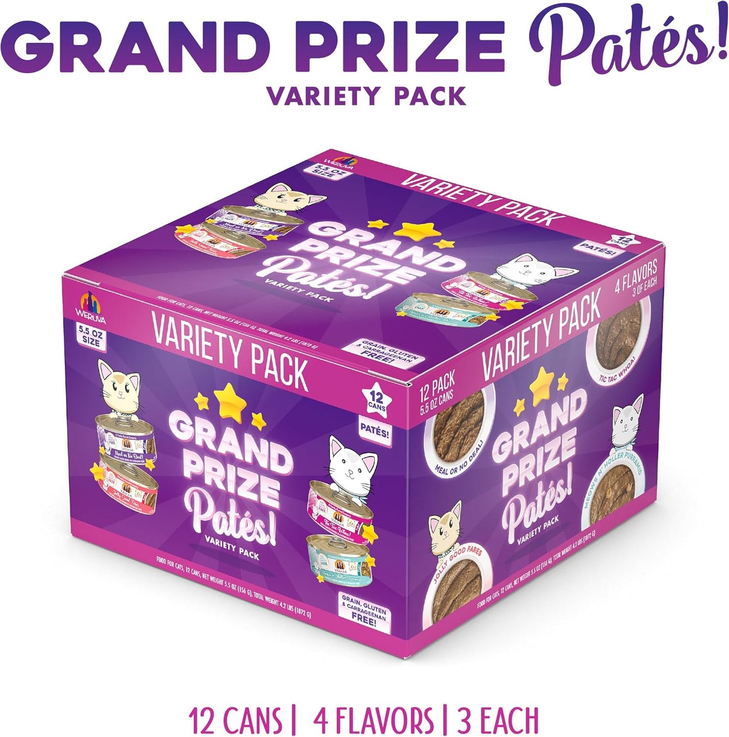 Weruva Wet Cat Food, Grand Prize Patés Variety Pack, 5.5oz Can, Pack of 12