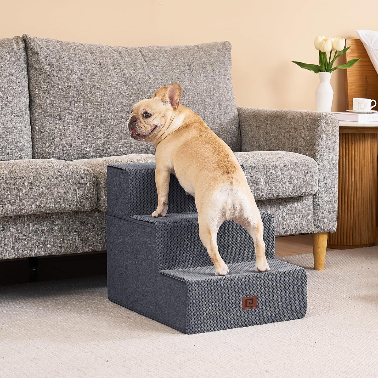 EHEYCIGA Dog Stairs for Small Dogs 16.5" H, 3-Step Extra Wide Dog Steps for Couch Sofa and Chair, Pet Steps for Medium Cats, Non-Slip Balanced Pet Ramp Indoor, Grey