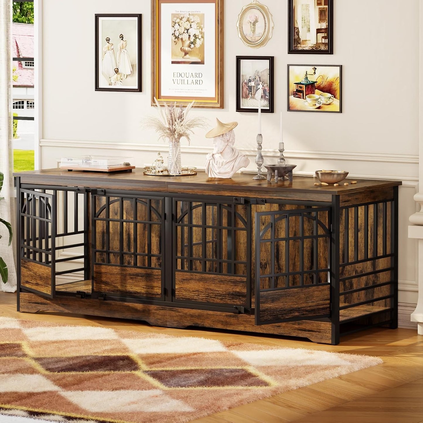 COZPAW 86 Inch Double Dog Crate Furniture for 2 Large Dogs, Decorative Dog Kennel Indoor TV Stand, Heavy Duty Wooden Dog Cage for Large Medium Dogs Sized Dog Pet House with Divider (Brown)