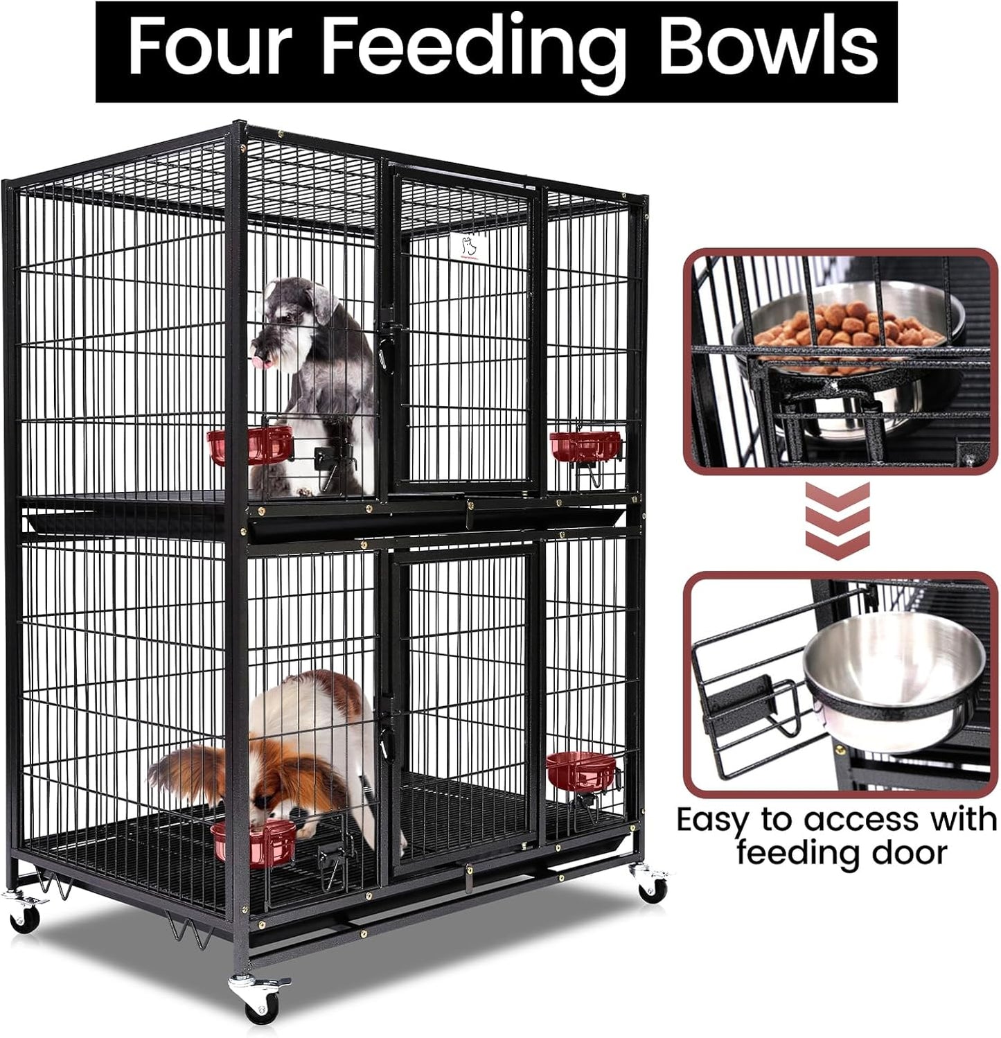 Homey Pet Two Tiers 37 Inch Dog Crate Cage Kennel with Feeding Door and Bowls, Lockable Wheels and Removable Tray, Escape Proof Metal Wire Heavy Duty Dog Crates for Medium/Small Sized Dogs (6 Pack)