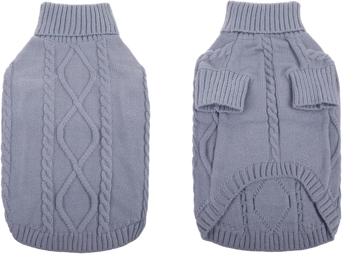 Queenmore Small Dog Pullover Sweater, Cold Weather Cable Knitwear, Classic Turtleneck Thick Warm Clothes for Chihuahua, Bulldog, Dachshund, Pug, Yorkie (Grey, Large)