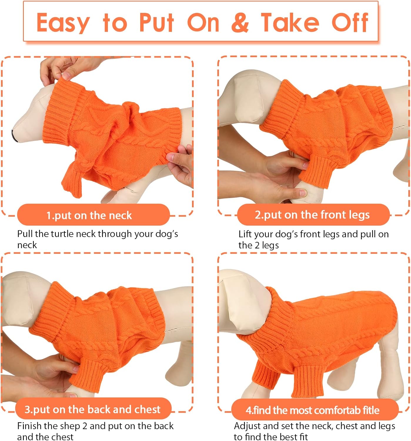 Queenmore Small Dog Pullover Sweater, Cold Weather Cable Knitwear, Classic Turtleneck Thick Warm Clothes for Chihuahua, Bulldog, Dachshund, Pug (Orange, X-Large)