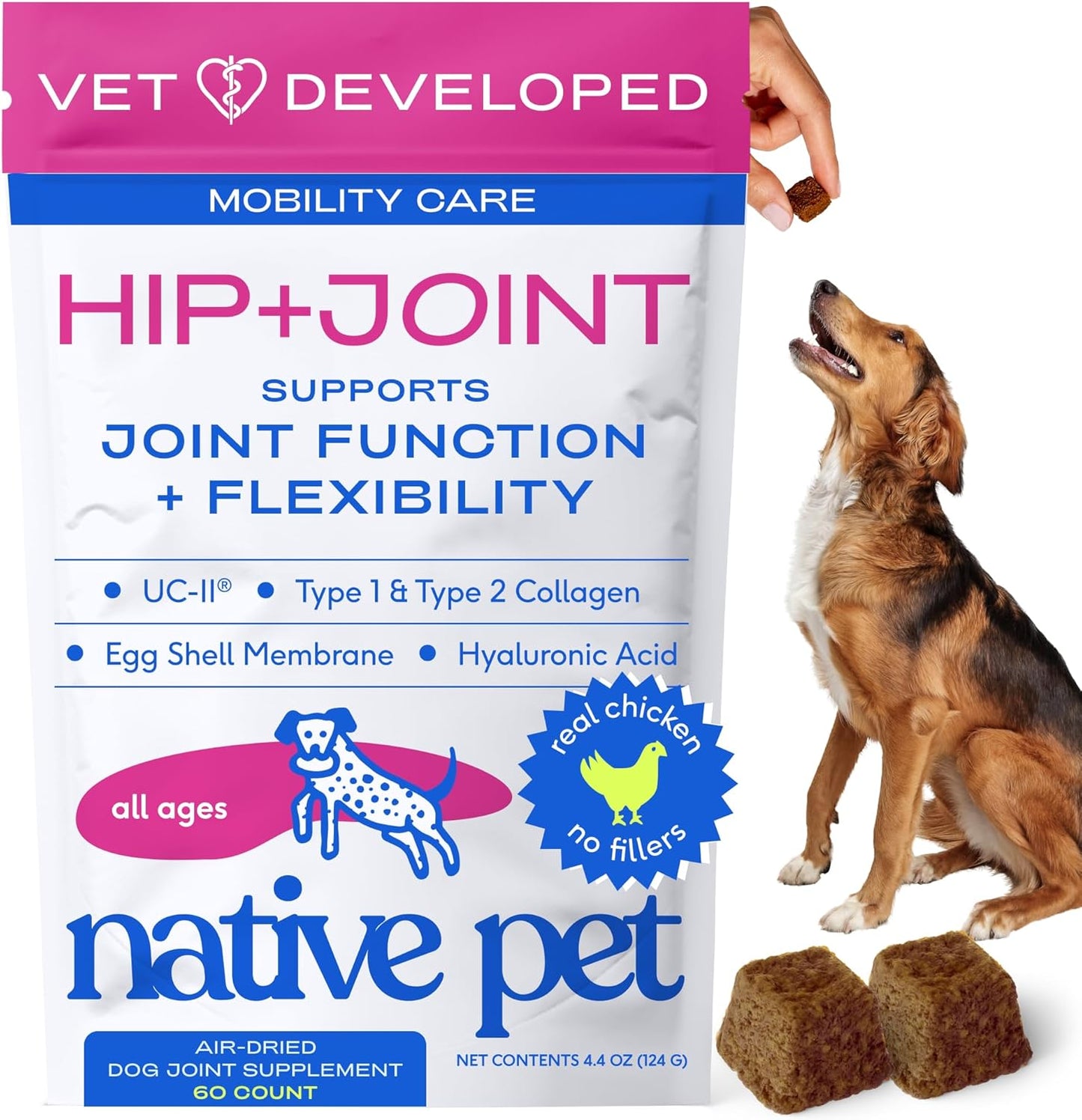 Native Pet Hip & Joint Supplement for Dogs - Advanced Dog Joint & Arthritis Supplement - Helps Maintain Healthy Cartilage, Joint Flexibility, Lubrication, & Function - with ESM & Collagen - 60 Chews
