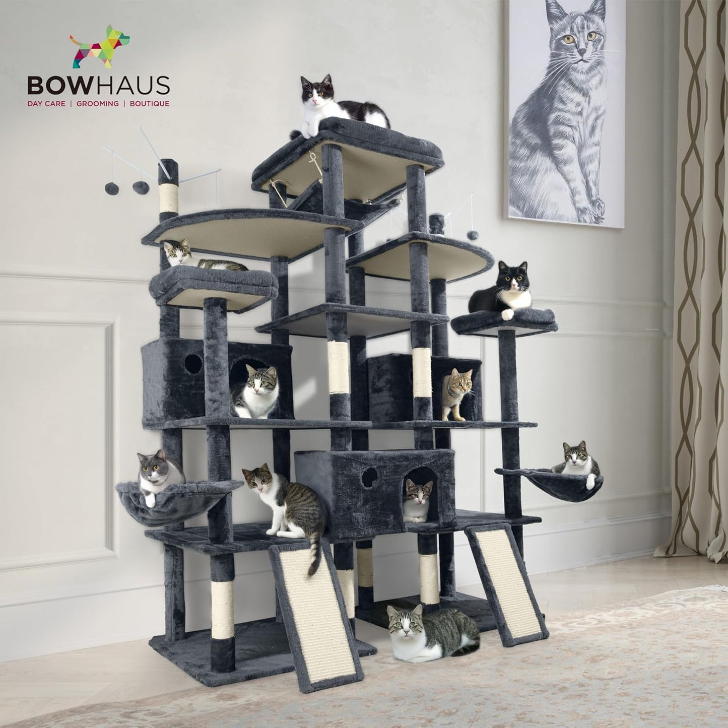 Extra Large 80-Inch Tall Cat Tree w/Widened Perch for Large Cats, Big Cat Tower Indoor, Modern Multi-Level Activity Tower with Scratching Posts, Condos, Baskets, Hammock, Scratching Ramps
