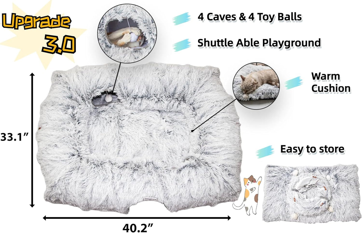 XxingSheep 4 Cave Shuttled XL Cat Tunnel Bed for Indoor Cats Peekaboo Toy Donut with Warm Mat, Azure Blue