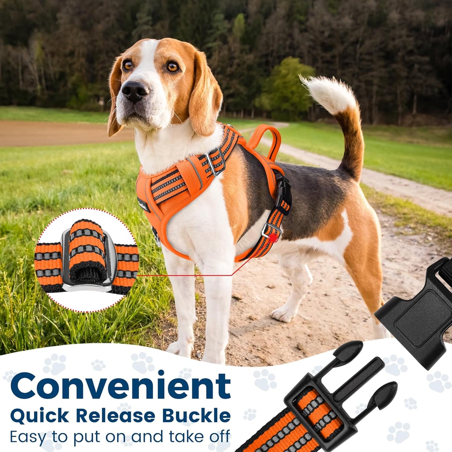 Funfox Dog Harness No Pull, Adjustable Pet Vest Harness, Super Soft Material with Vertical Handle Easy Control, Reflective Night Walking, 2 Leash Clips for Medium Sized Dogs, Orange, M