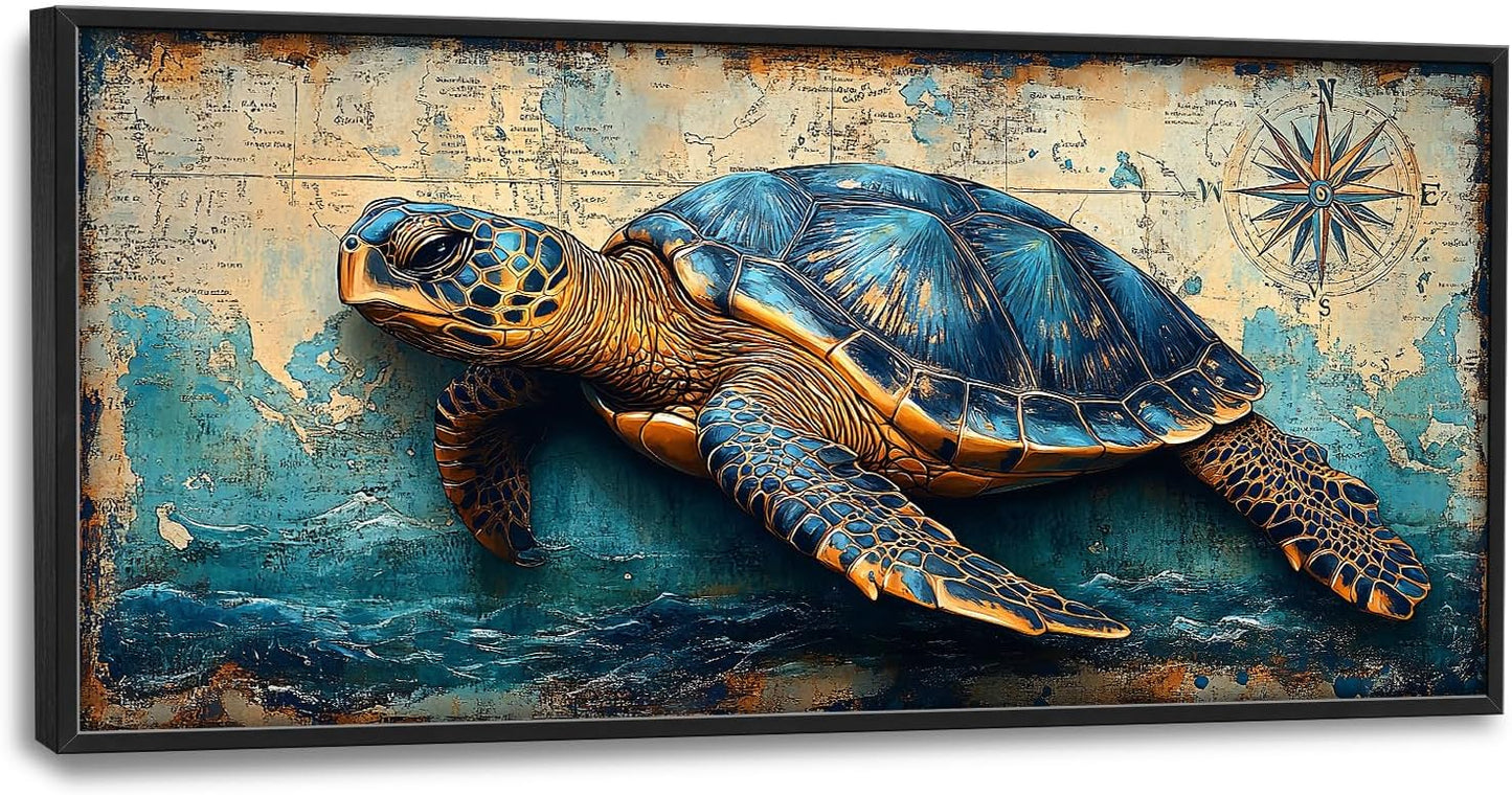 Large Nautical Turtle Wall Art for Living Room, Coastal Ocean Canvas Oversized Wall Decor, Beach Aesthetics Framed Pictures Painting Print Artwork for Bedroom Office 60L" x 30W"