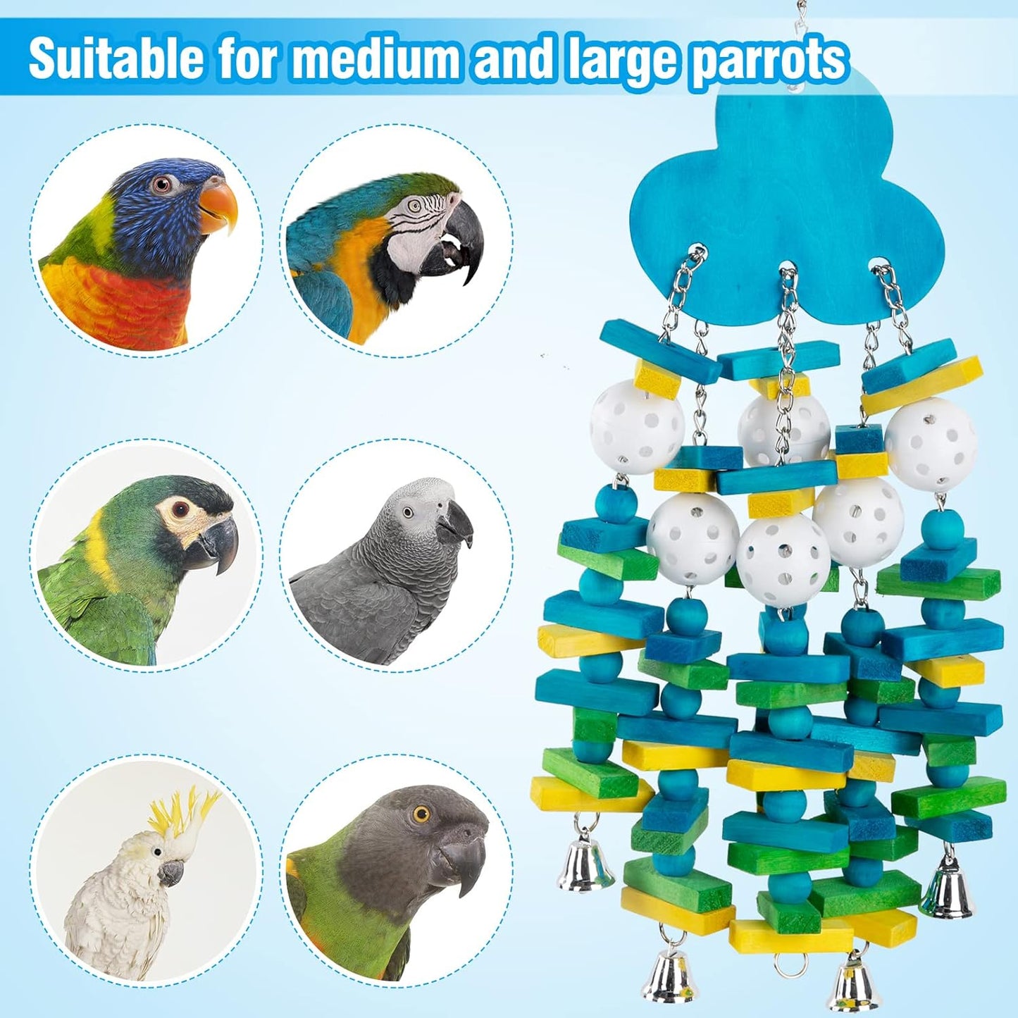Parrot Toys for Large Birds, Parrots Chew Toy Gift with Colorful Wood Blocks and Bells for Macaws African Grey and Amazon Parrots (Blueberry Style)